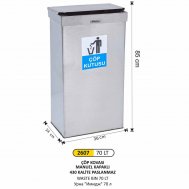 2607 DİKDÖRTGEN MANUEL KAPAKLI ÇÖP KOVASI 70LT (PASLANMAZ, 430 KALİTE)