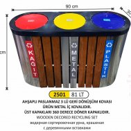 2501 AHŞAPLI PASLANMAZ GERİ DÖNÜŞÜM KOVASI 3’LÜ 81 LT (METAL İÇ KOVALI, DÖNER KAPAKLI)