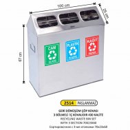 2514 PASLANMAZ 430 KALİTE GERİ DÖNÜŞÜM ÇÖP KOVASI (ÇATI KAPAKLI, 3 BÖLMELİ, İÇ KOVALI)